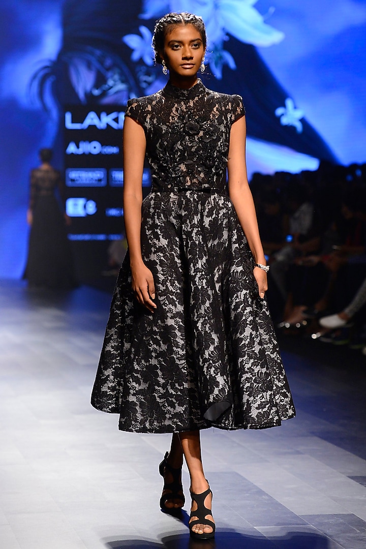 Black Floral Lace Work Fit and Flared Dress by AMIT GT