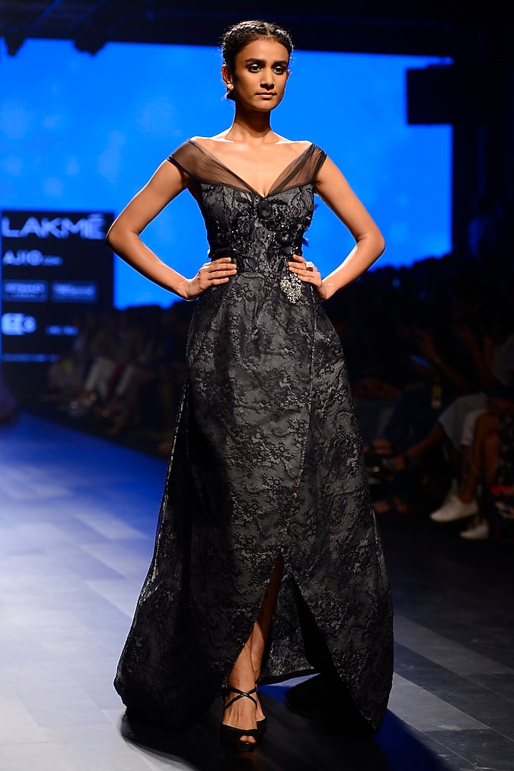 Black Mullet Lace Work Tube Neck Gown by AMIT GT