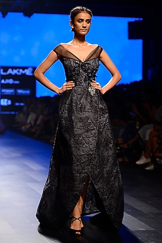 Black Mullet Lace Work Tube Neck Gown by AMIT GT