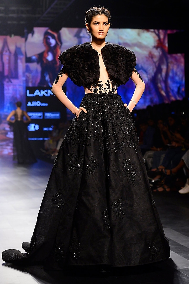 Black Floral and Feather Work Flared Gown by AMIT GT