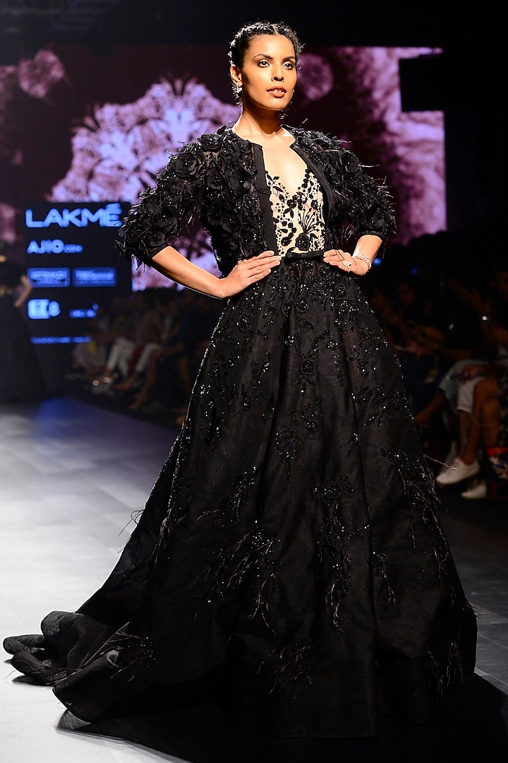 Black Floral Embroidered Ball Gown by AMIT GT