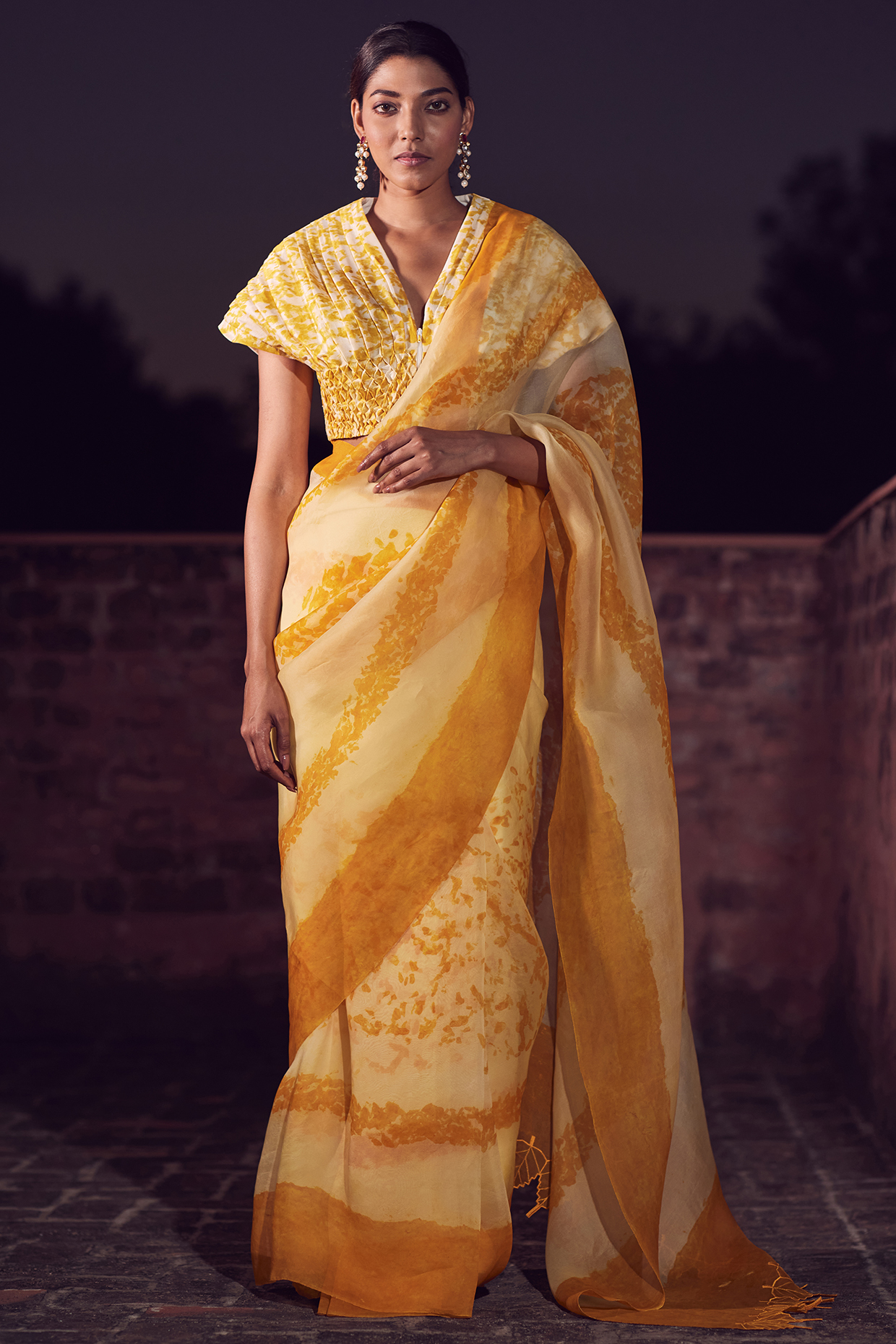 Ivory & Yellow Saree Set With Hand Embroidery by Amita Gupta Sustainable at Pernia's Pop Up Shop