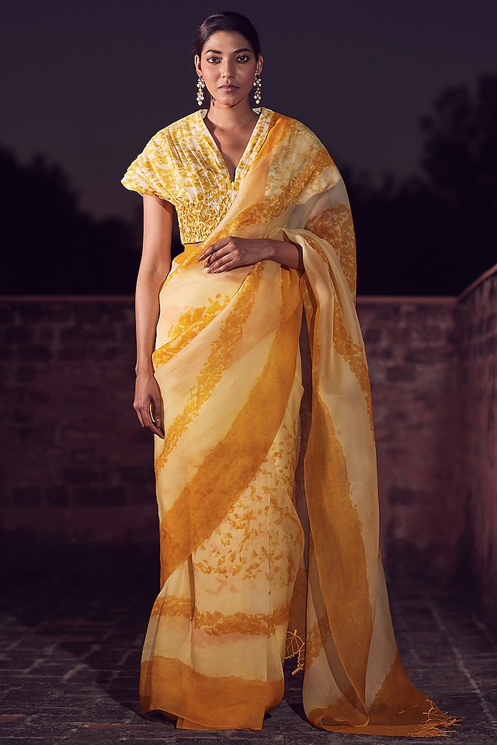Ivory & Yellow Saree Set With Hand Embroidery by Amita Gupta Sustainable
