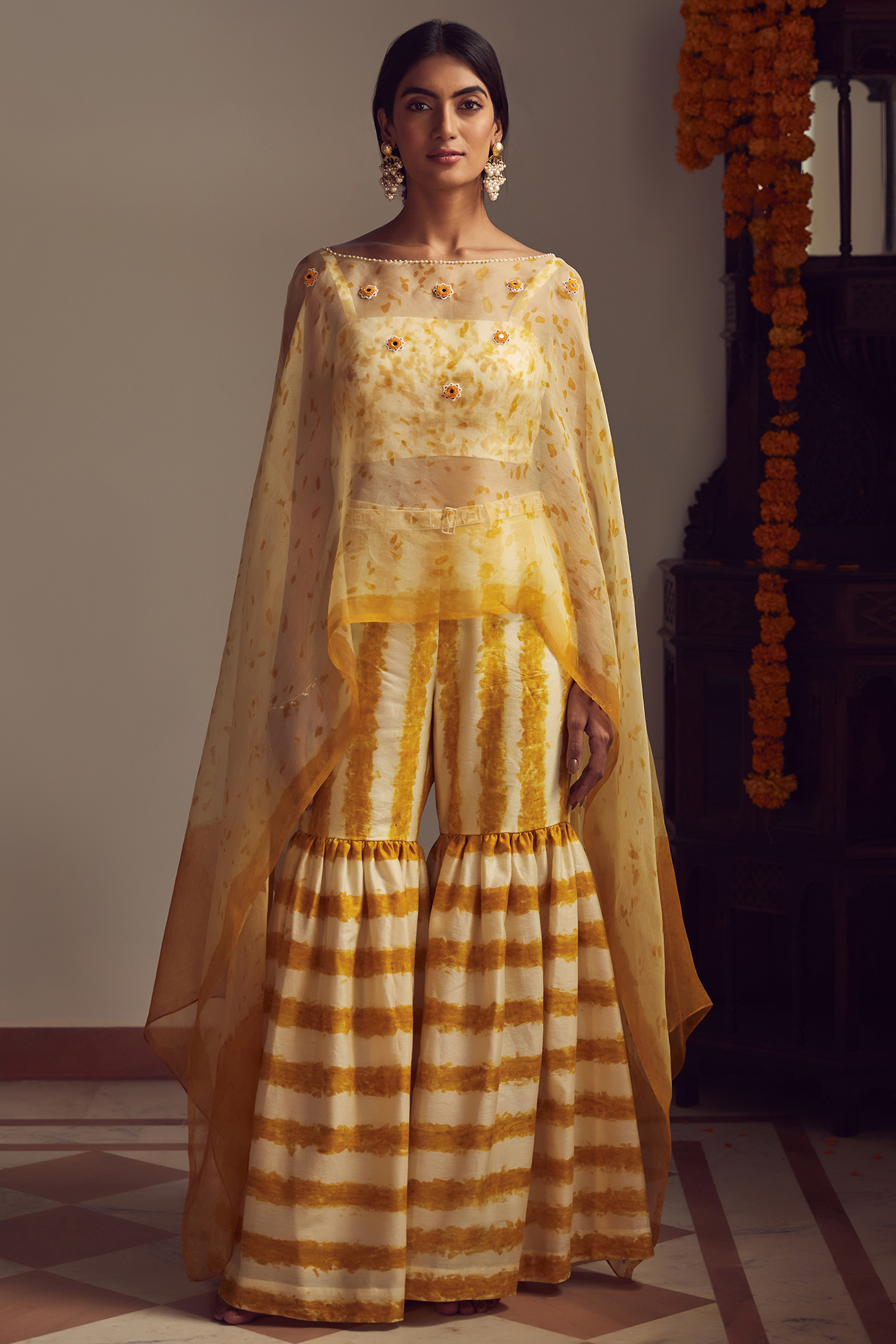 Ivory & Yellow Hand Embroidered Sharara Set by Amita Gupta Sustainable