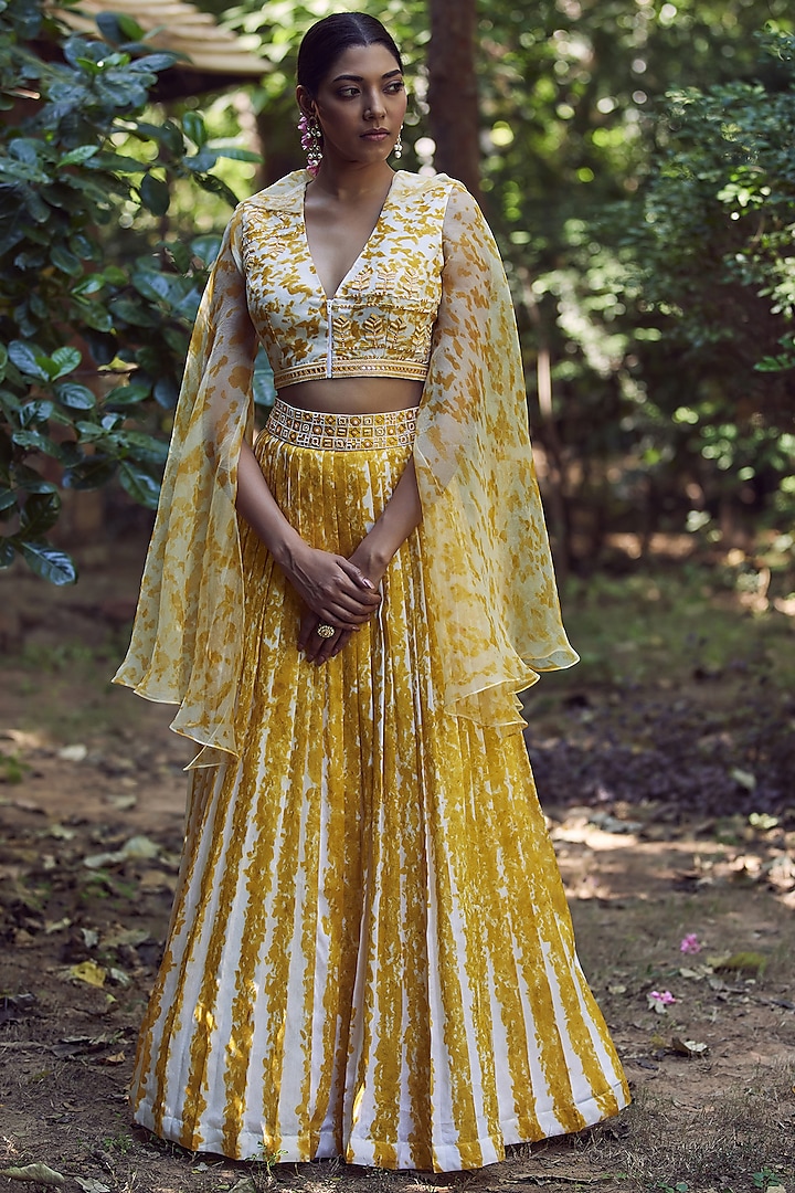 Ivory & Yellow Printed Lehenga Set by Amita Gupta Sustainable