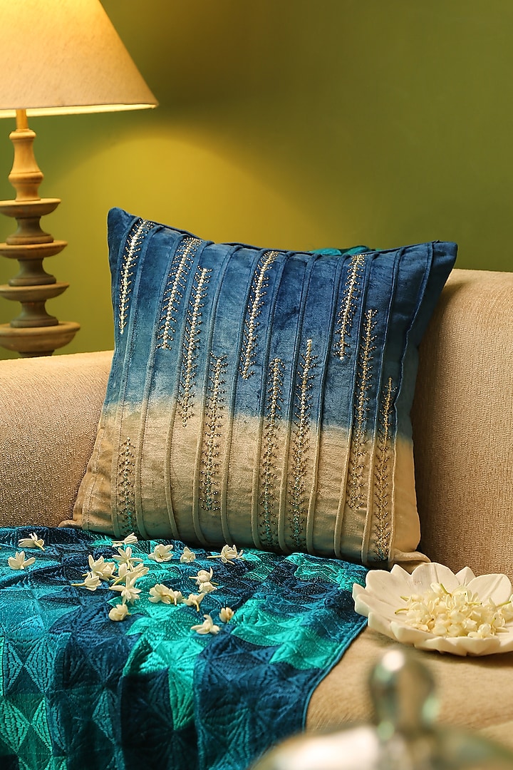 Blue & Ivory Velvet Embroidered Cushion Cover by Amoliconcepts