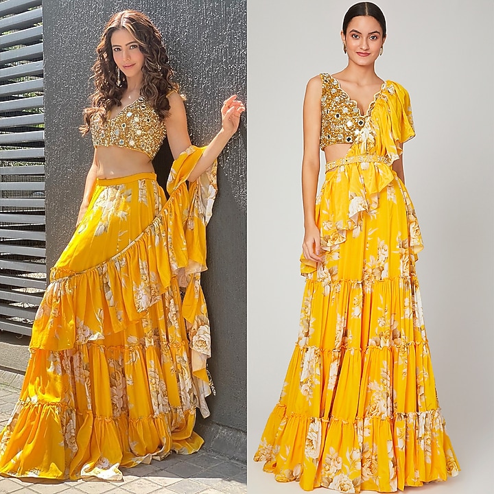 Mango Yellow Printed Wedding Lehenga Saree Set With Belt by Neha Chopra Tandon at Pernia's Pop Up Shop