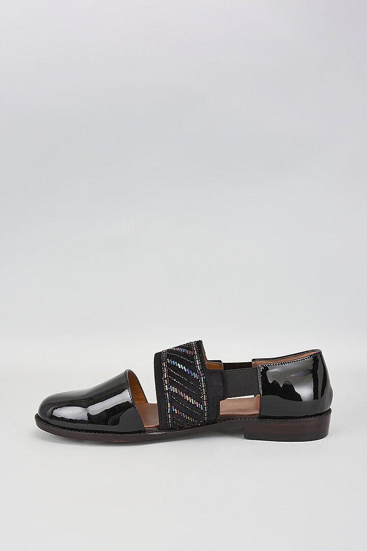 Black Patent Leather Cutdana Embroidered Sandals by ARTIMEN at Pernia's Pop Up Shop