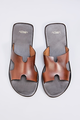 Deep Brown Leather Slippers by ARTIMEN