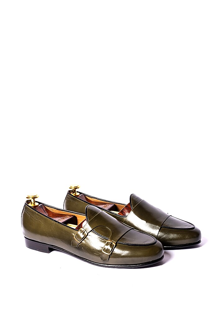 Green Leather Monk Loafers by ARTIMEN at Pernia's Pop Up Shop