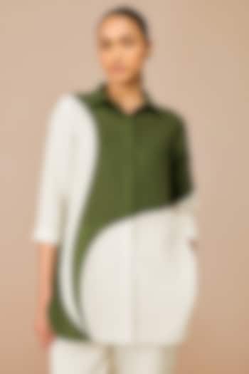 Ivory & Olive Green Linen Color-Blocked Shirt by AMPM at Pernia's Pop Up Shop