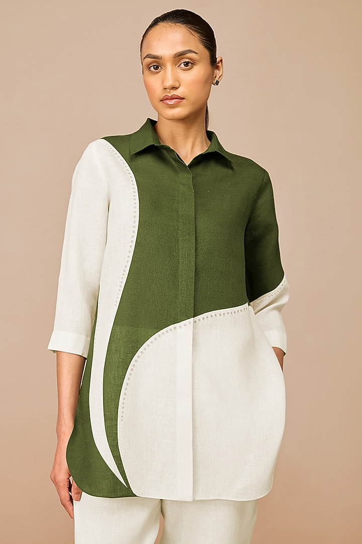 Ivory & Olive Green Linen Color-Blocked Shirt by AMPM at Pernia's Pop Up Shop
