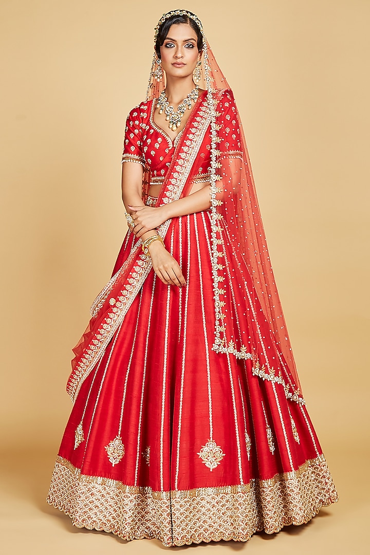Red Raw Silk Hand Embroidered Lehenga Set  by AMRIN KHAN
