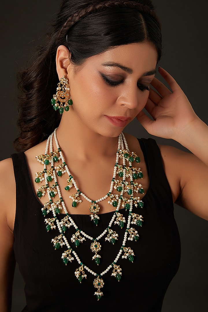 Gold Finish Kundan Polki & Green Beaded Long Layered Necklace Set by Amreli Jaipur at Pernia's Pop Up Shop