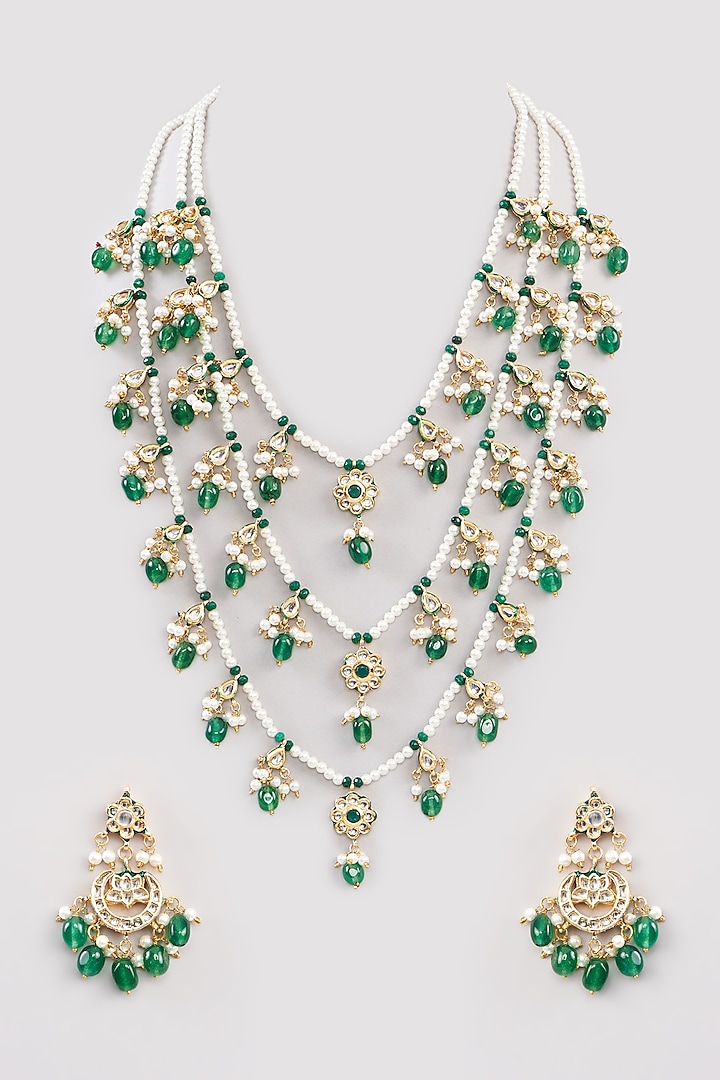 Gold Finish Kundan Polki & Green Beaded Long Layered Necklace Set by Amreli Jaipur at Pernia's Pop Up Shop