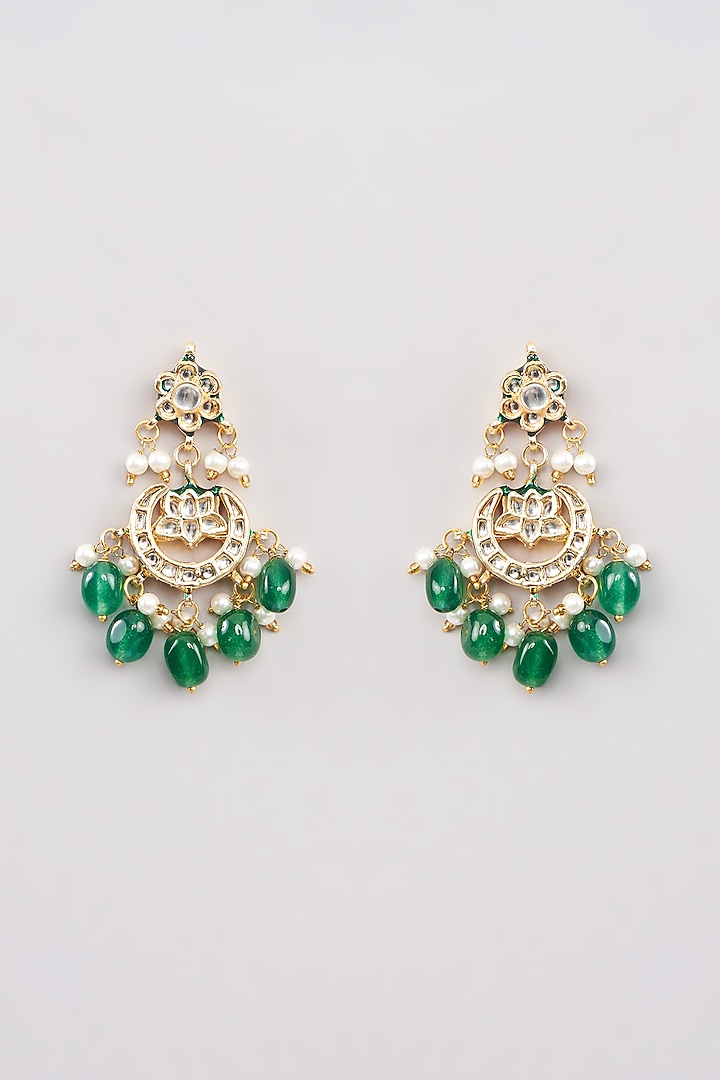 Gold Finish Kundan Polki & Green Beaded Long Layered Necklace Set by Amreli Jaipur at Pernia's Pop Up Shop