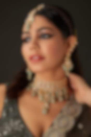 Gold Finish Kundan Polki & Mint Green Tumble Choker Necklace Set by Amreli Jaipur at Pernia's Pop Up Shop