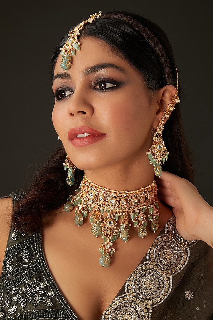 Gold Finish Kundan Polki & Mint Green Tumble Choker Necklace Set by Amreli Jaipur at Pernia's Pop Up Shop