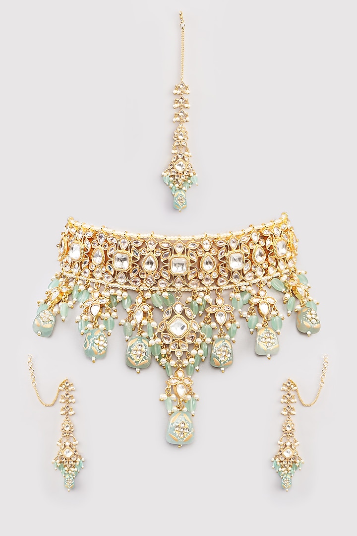 Gold Finish Kundan Polki & Mint Green Tumble Choker Necklace Set by Amreli Jaipur at Pernia's Pop Up Shop