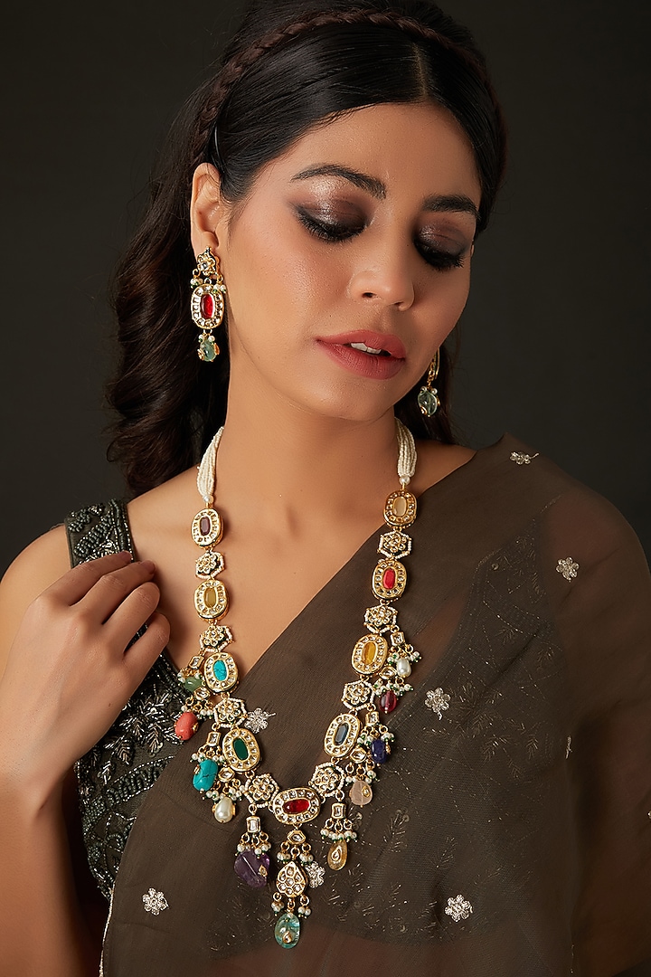 Gold Finish Kundan Polki & Multi-Colored Beaded Long Necklace by Amreli Jaipur at Pernia's Pop Up Shop