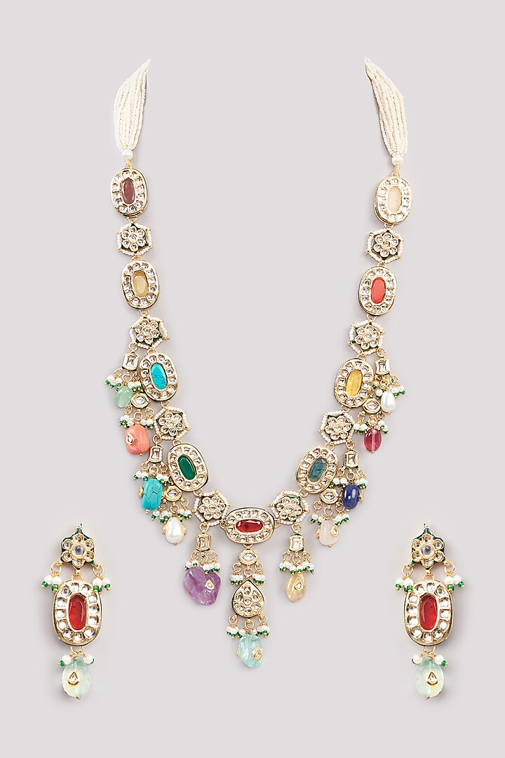 Gold Finish Kundan Polki & Multi-Colored Beaded Long Necklace by Amreli Jaipur at Pernia's Pop Up Shop