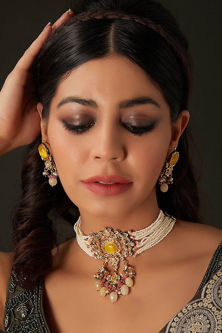 Gold Finish Yellow Kundan Polki Choker Necklace Set by Amreli Jaipur at Pernia's Pop Up Shop