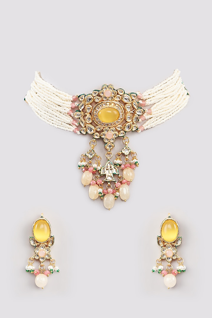Gold Finish Yellow Kundan Polki Choker Necklace Set by Amreli Jaipur at Pernia's Pop Up Shop