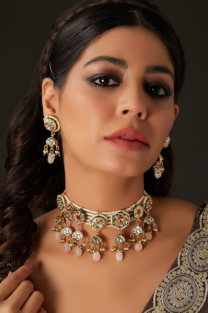 Gold Finish Multi-Colored Kundan Polki Choker Necklace Set by Amreli Jaipur at Pernia's Pop Up Shop