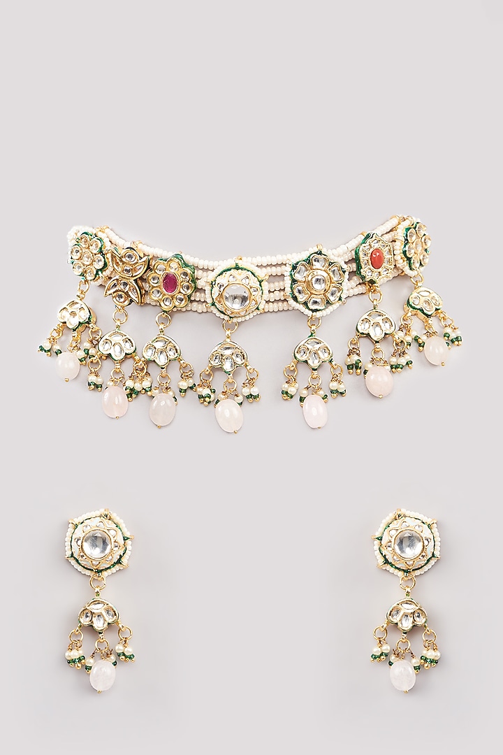 Gold Finish Multi-Colored Kundan Polki Choker Necklace Set by Amreli Jaipur at Pernia's Pop Up Shop