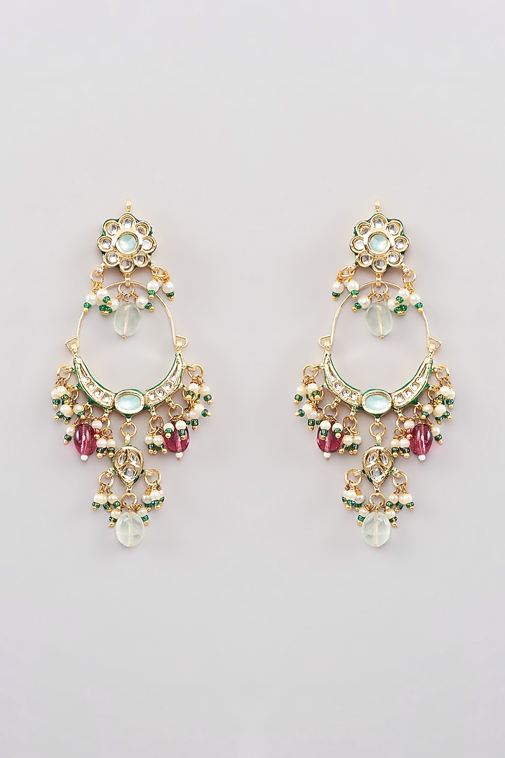 Gold Finish Kundan Polki & Pink Fluorite Beaded Chandbali Earrings by Amreli Jaipur at Pernia's Pop Up Shop