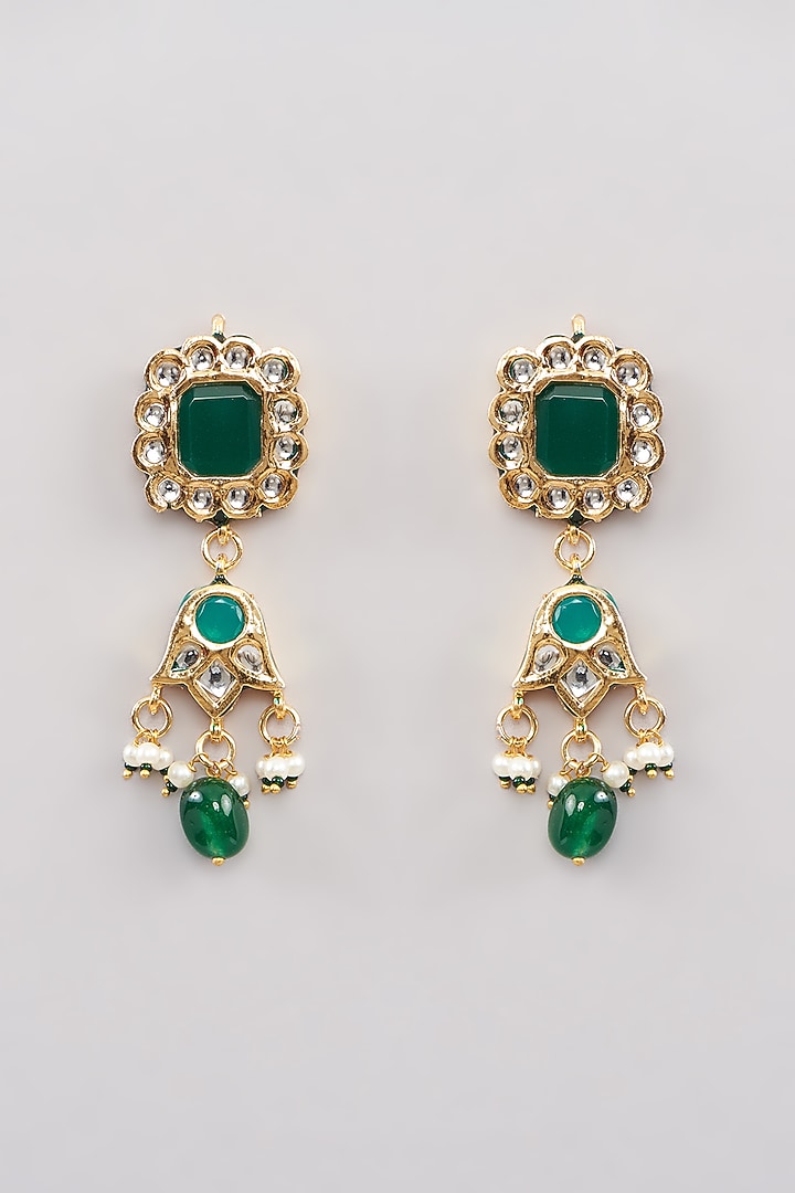 Gold Finish Green Kundan Polki Dangler Earrings by Amreli Jaipur at Pernia's Pop Up Shop