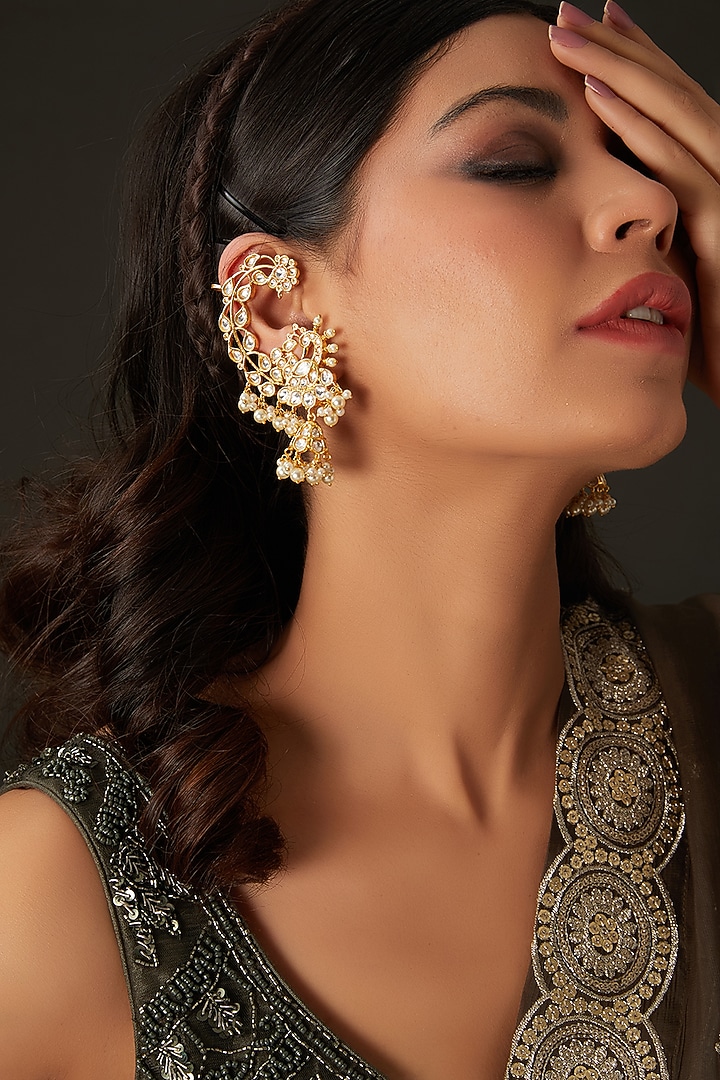 Gold Finish Pachi Kundan Polki Chandbali Earrings by Amreli Jaipur at Pernia's Pop Up Shop