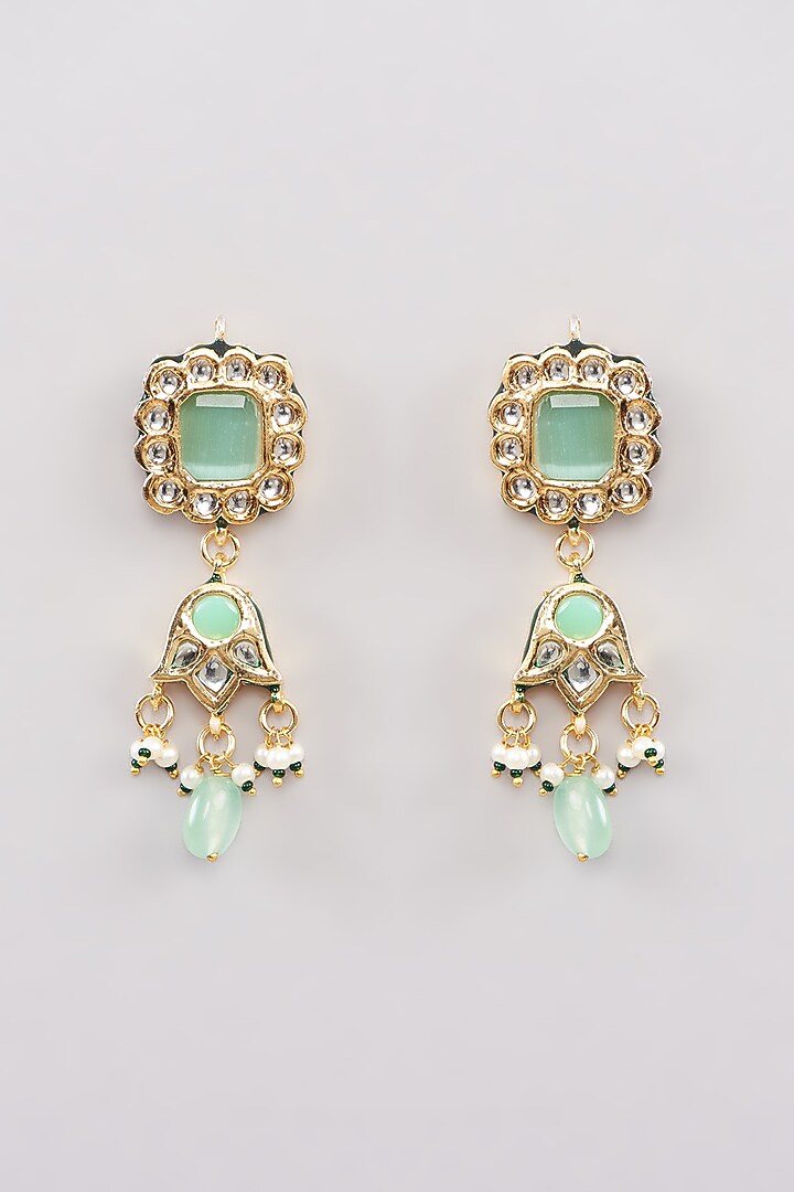 Gold Finish Green Kundan Polki Dangler Earrings by Amreli Jaipur at Pernia's Pop Up Shop