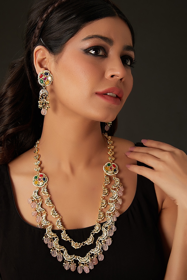 Gold Finish Kundan Polki & Pink Beaded Long Layered Necklace Set by Amreli Jaipur at Pernia's Pop Up Shop