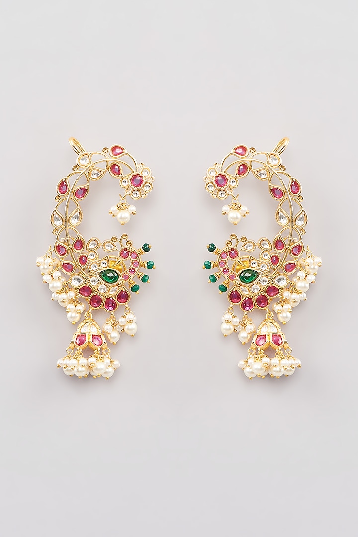 Gold Finish Multi-Colored Kundan Polki Earcuffs by Amreli Jaipur at Pernia's Pop Up Shop