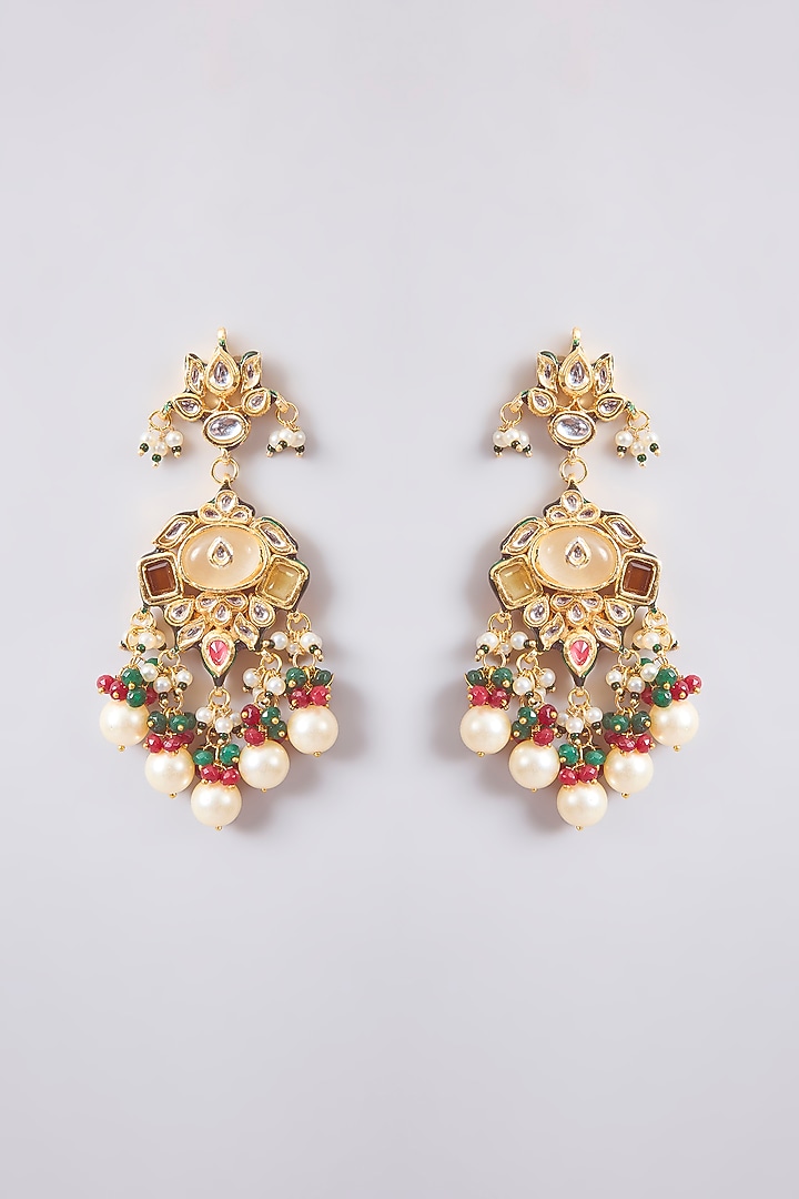 Gold Finish Kundan Polki & Beaded Dangler Earrings by Amreli Jaipur at Pernia's Pop Up Shop