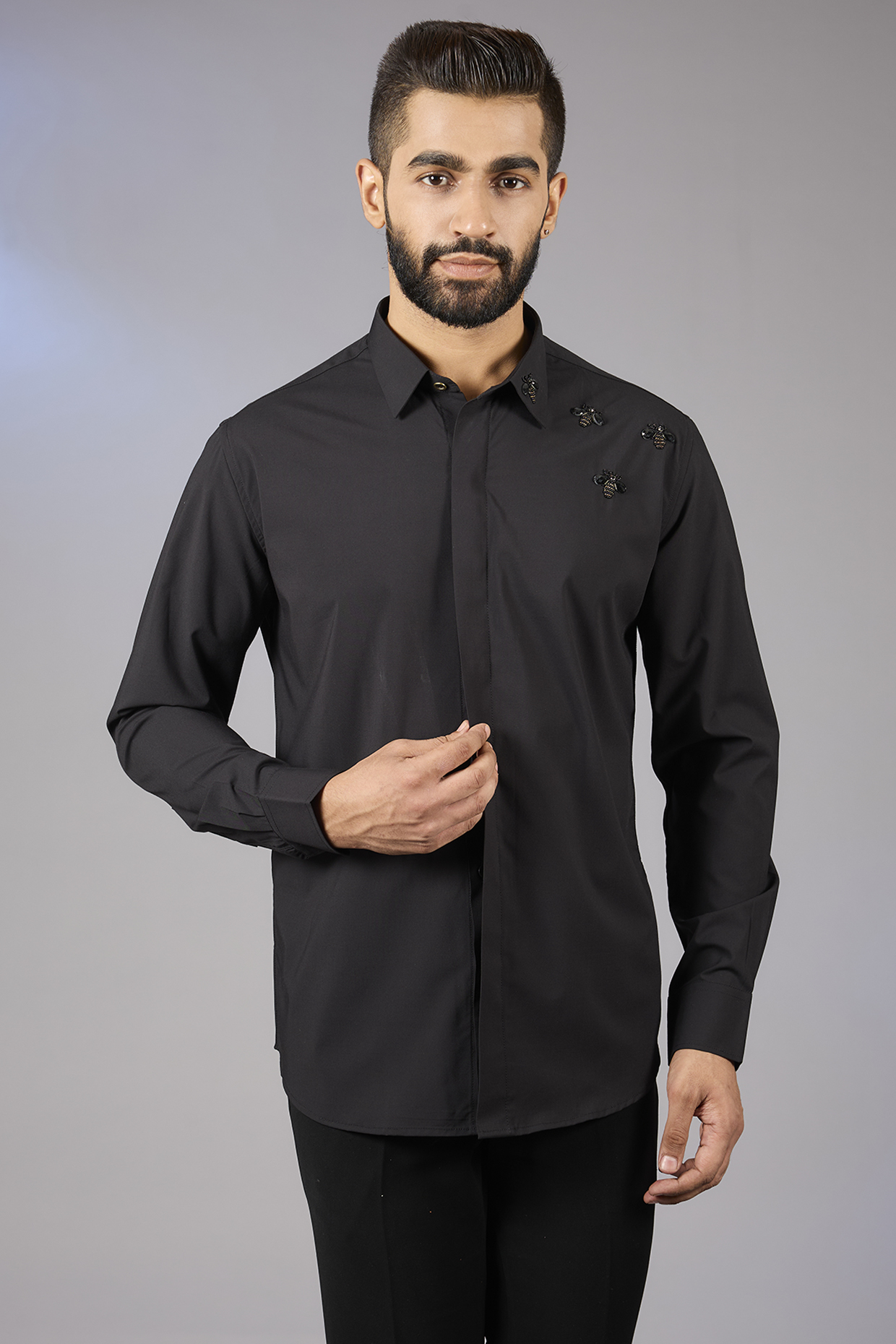 Black Acetate Hand Embroidered Shirt by AMIT ARORA