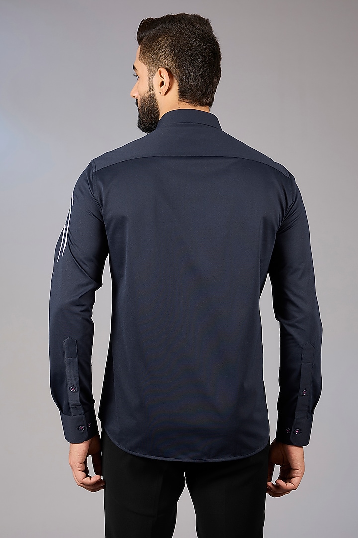 Navy Blue Knit Motif Embroidered Party Wear Shirt by AMIT ARORA at Pernia's Pop Up Shop
