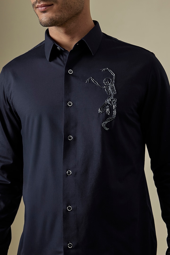 Navy Blue Knit Skeleton Motif Embroidered Party Wear Shirt by AMIT ARORA at Pernia's Pop Up Shop