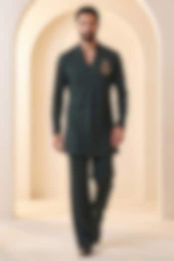 Dark Olive Green Knit Embroidered Kurta Set by AMIT ARORA at Pernia's Pop Up Shop
