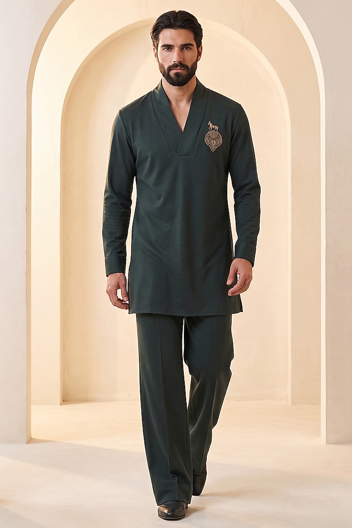 Dark Olive Green Knit Embroidered Kurta Set by AMIT ARORA at Pernia's Pop Up Shop