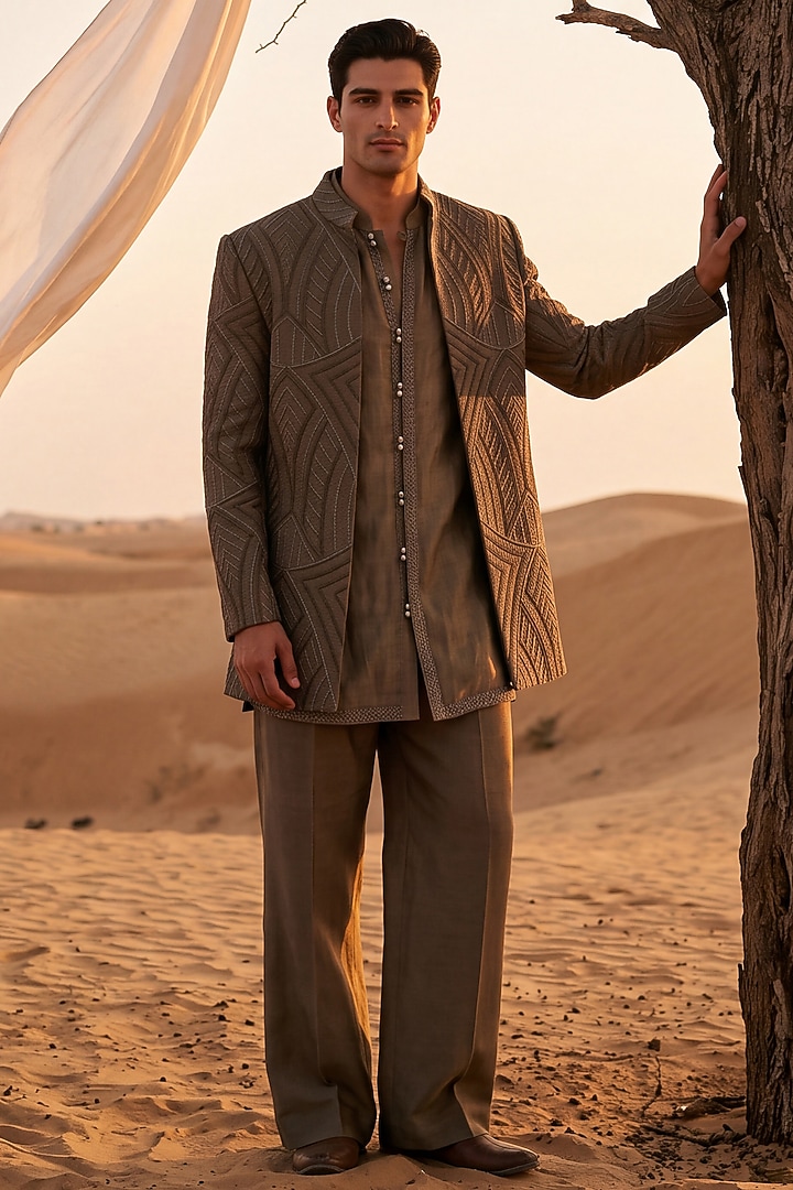Dark Olive Green Crochet Embroidered Groom Indowestern Set by AMIT ARORA at Pernia's Pop Up Shop