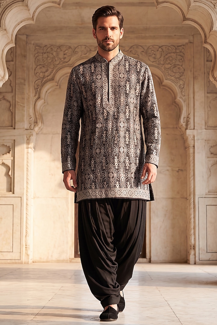 Black Silk Embroidered Kurta Set by AMIT ARORA at Pernia's Pop Up Shop