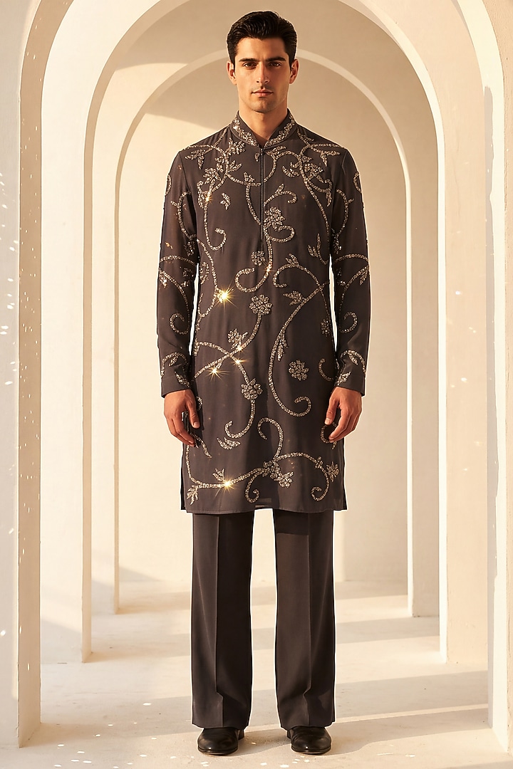 Dark Grey Knit Floral Embroidered Kurta Set by AMIT ARORA at Pernia's Pop Up Shop