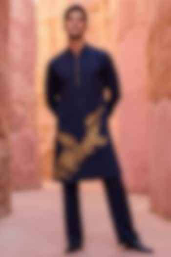 Navy Blue Knit Embroidered Kurta Set by AMIT ARORA at Pernia's Pop Up Shop