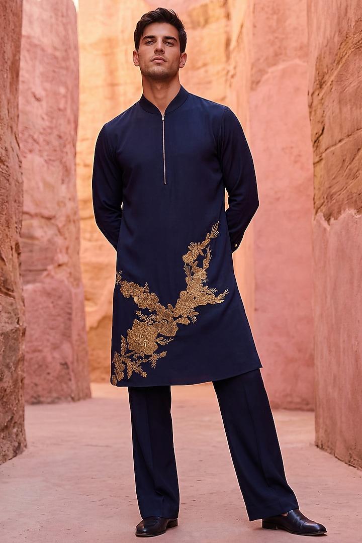 Navy Blue Knit Embroidered Kurta Set by AMIT ARORA at Pernia's Pop Up Shop