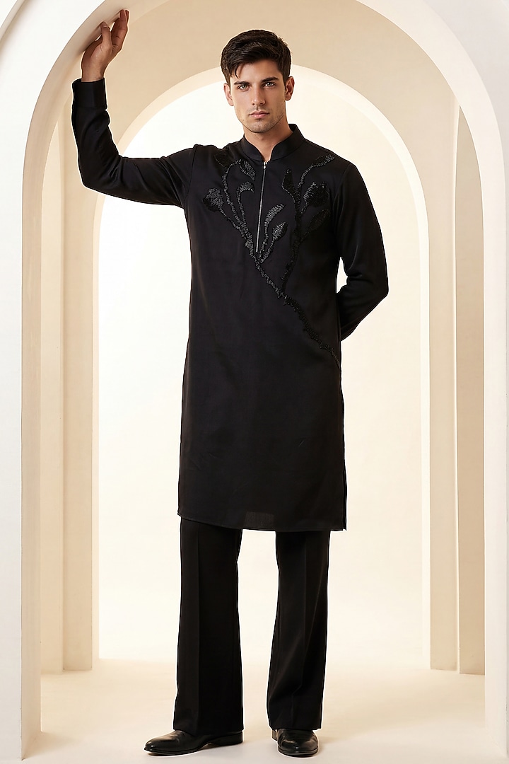 Black Knit Floral Embroidered Kurta Set by AMIT ARORA at Pernia's Pop Up Shop