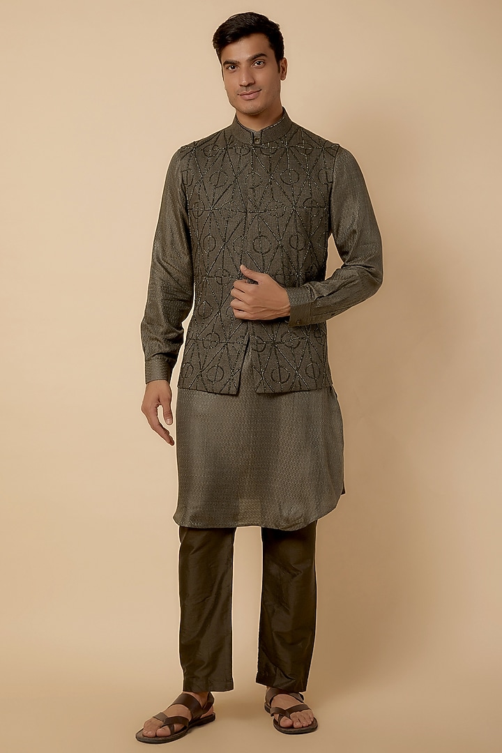 Olive Green Banarasi Silk Embroidered Nehru Jacket Set by AMIT ARORA at Pernia's Pop Up Shop