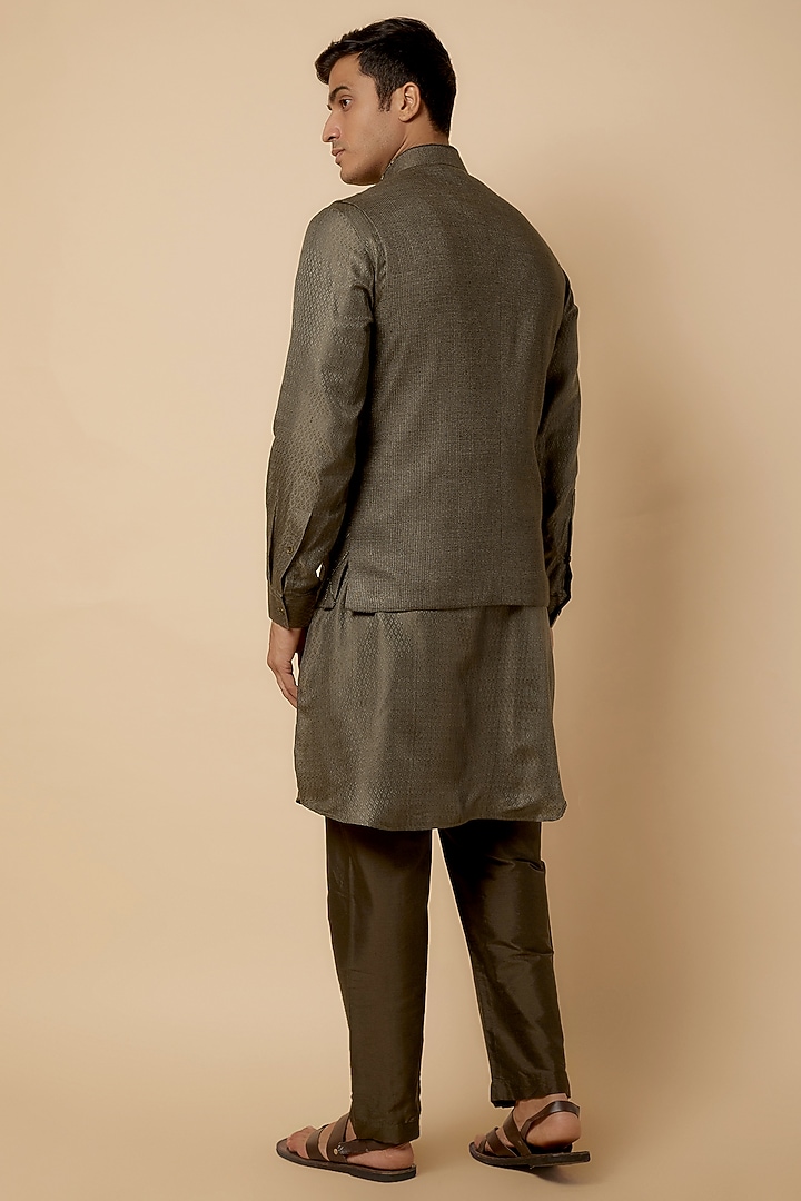 Olive Green Banarasi Silk Embroidered Nehru Jacket Set by AMIT ARORA at Pernia's Pop Up Shop