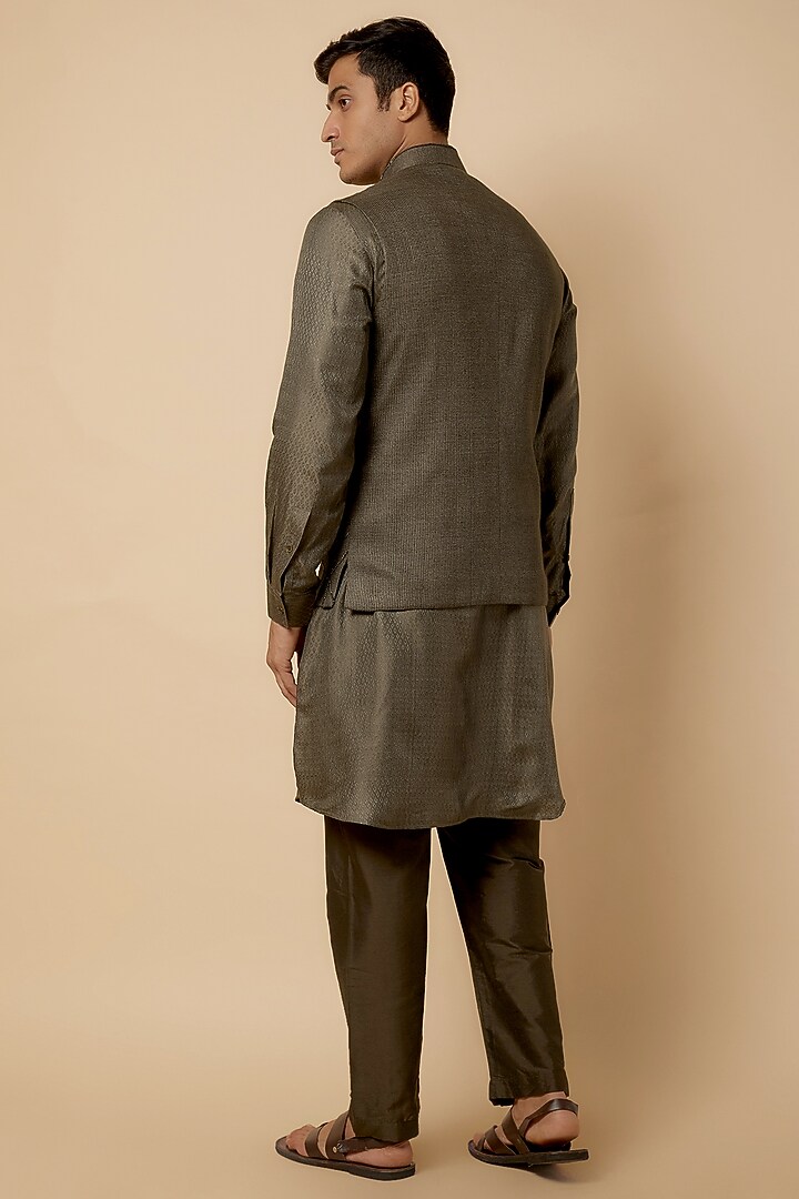 Olive Green Banarasi Silk Embroidered Nehru Jacket Set by AMIT ARORA at Pernia's Pop Up Shop